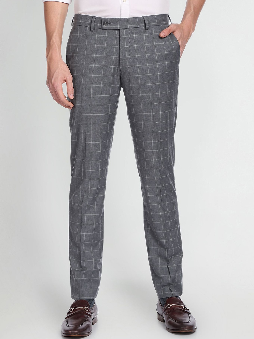 

Arrow Men Mid-Rise Checked Plain Regular Fit Formal Trousers, Grey