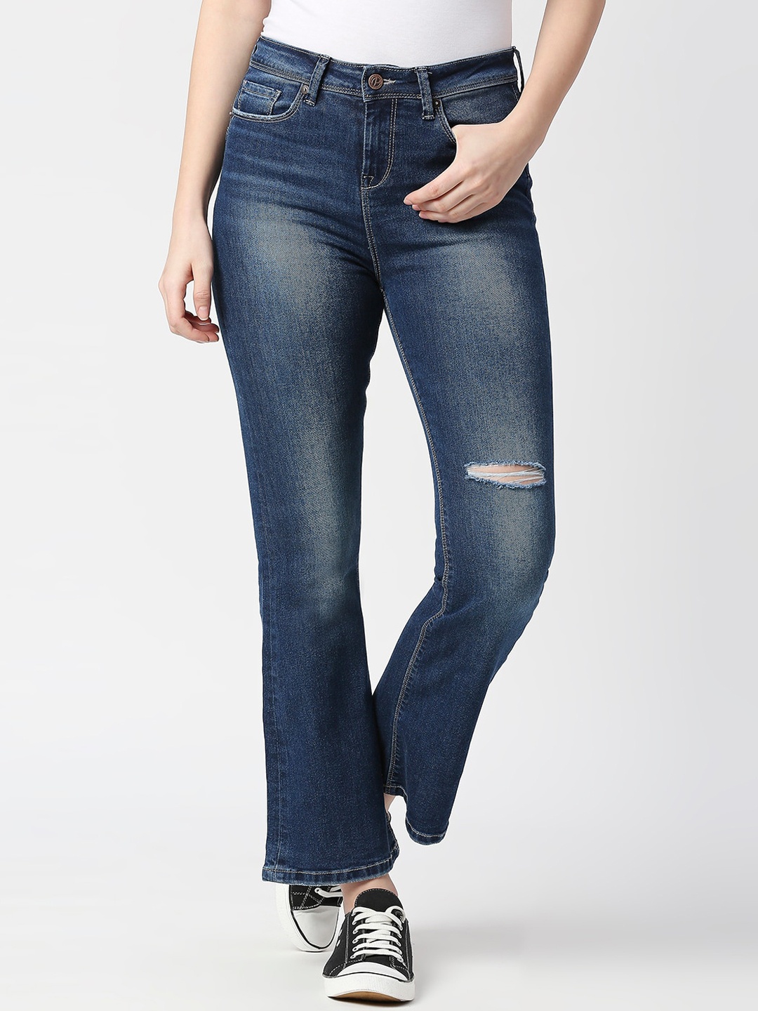 

Pepe Jeans Women Skinny Fit High-Rise Low Distressed Heavy Fade Stretchable Jeans, Blue