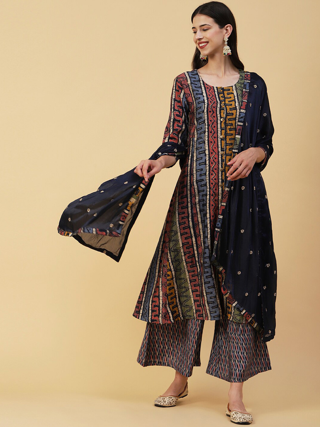 

FASHOR Navy Blue & Red Stripes Printed Kurta With Palazzos & Dupatta
