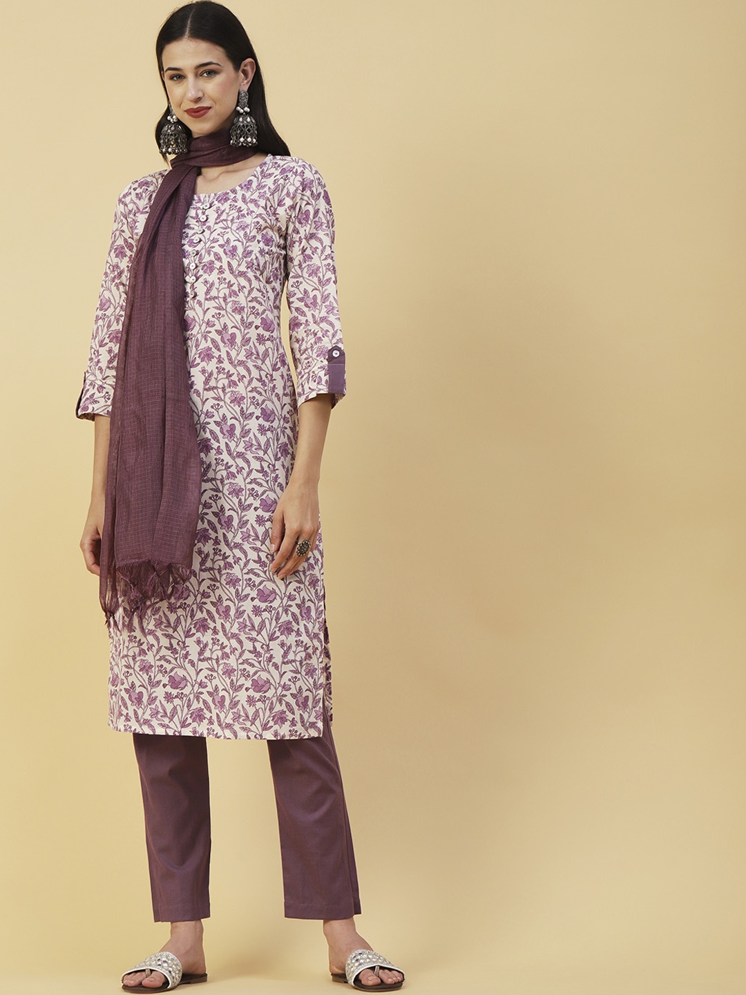 

FASHOR White & Brown Floral Printed Pure Cotton Kurta With Trousers & Dupatta