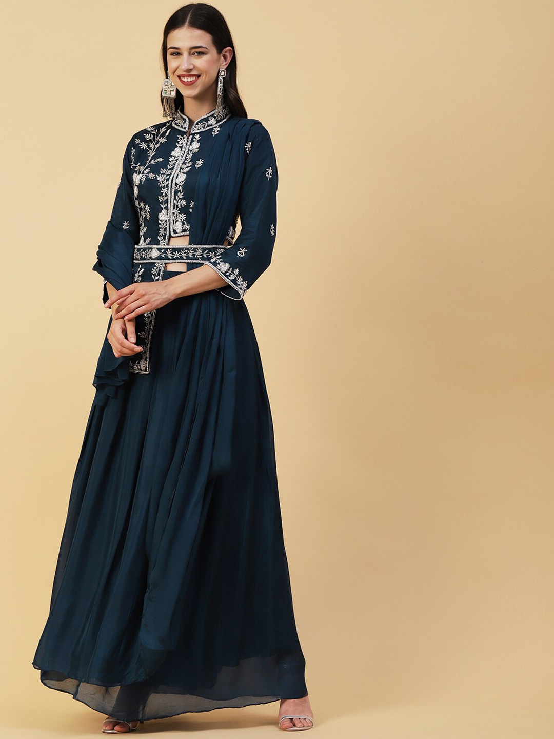 

FASHOR Teal Blue & White Floral Embroidered Zardozi Top With Skirt & Dupatta