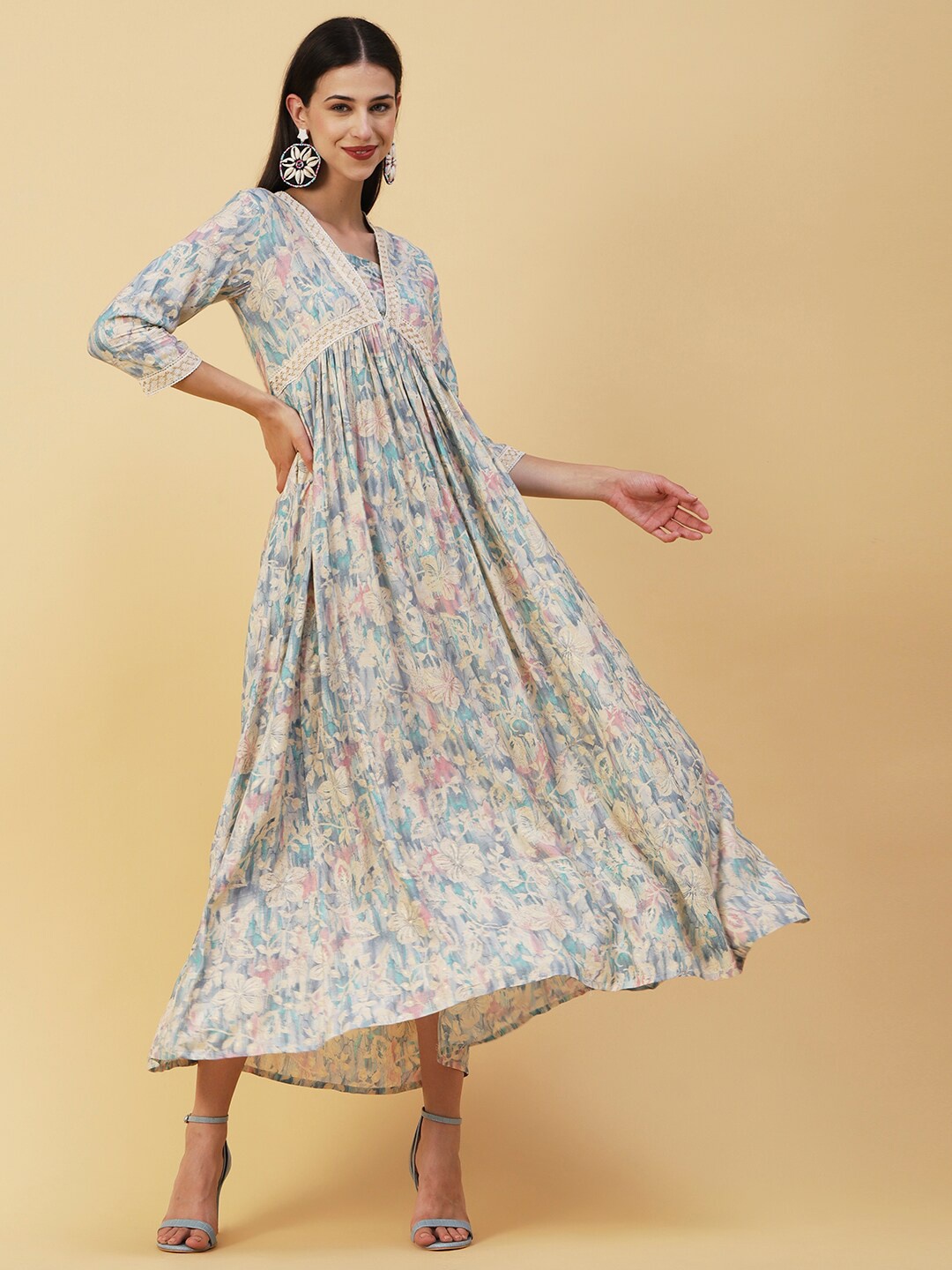 

FASHOR Blue Floral Printed Maxi Empire Dress
