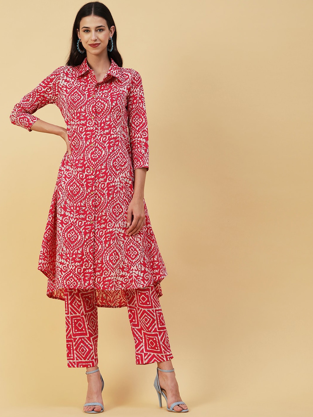 

FASHOR Ethnic Motif Printed Shirt Collar Pure Cotton Kurta With Trousers, Red