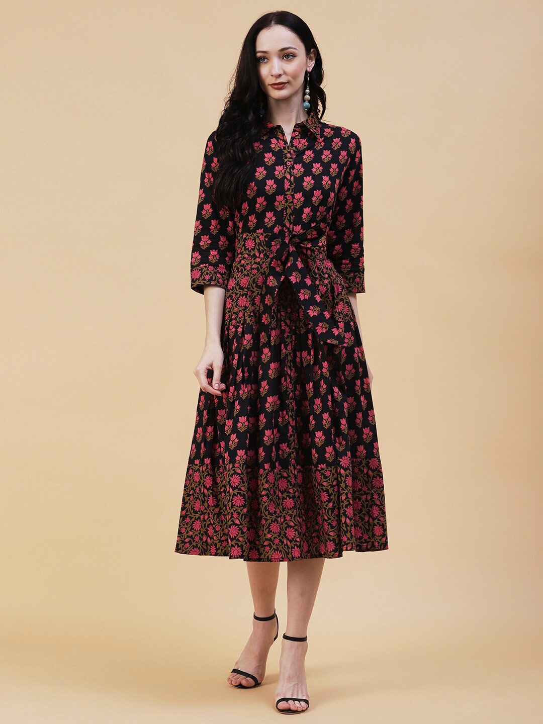 

FASHOR Black Floral Printed Shirt Collar Cotton A-Line Midi Dress With Belt