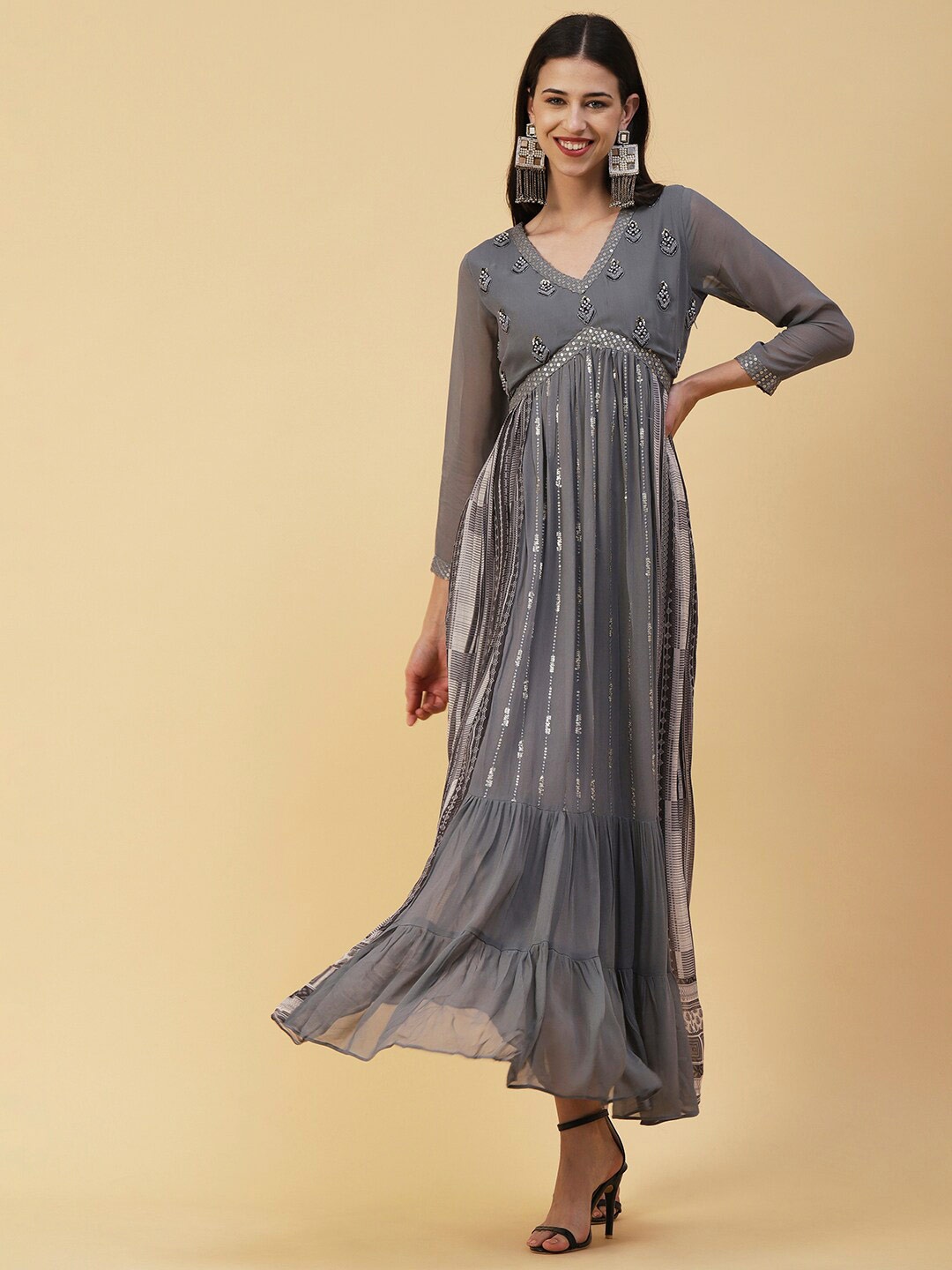 

FASHOR Grey V-Neck Emblellished Crepe Maxi Fit And Flare Dress