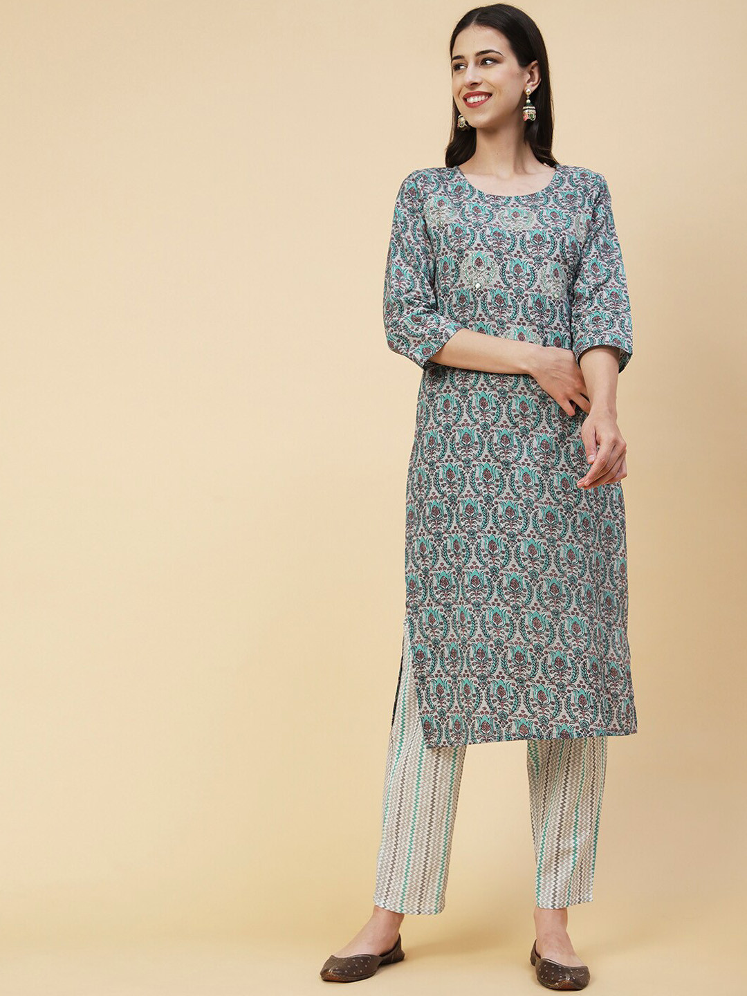 

FASHOR Ethnic Motifs Printed Pure Cotton Kurta With Trousers, Grey