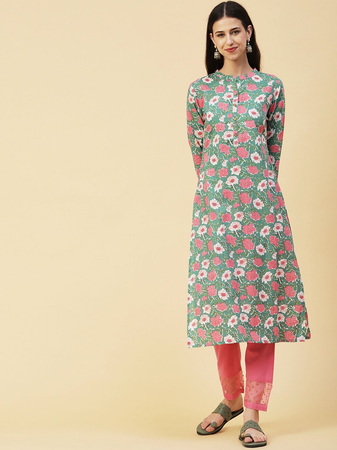 

FASHOR Sea Green & Pink Floral Printed Mandarin Collar Kurta