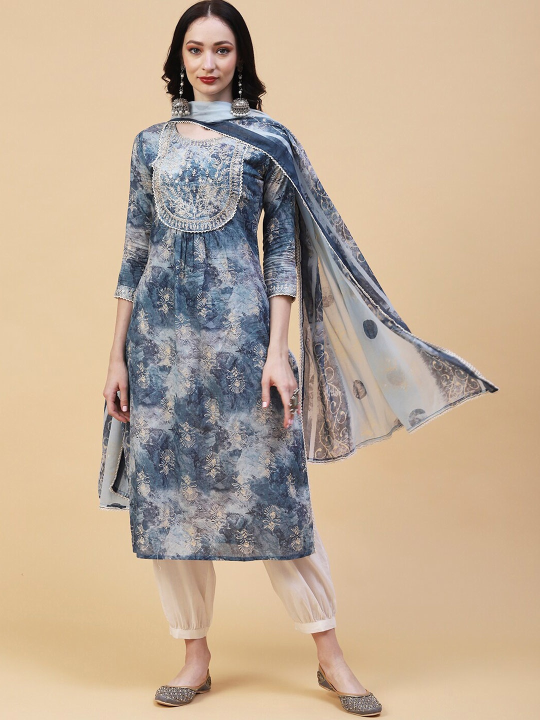 

FASHOR Blue & White Ethnic Motifs Printed Pure Cotton Kurta With Trousers & Dupatta