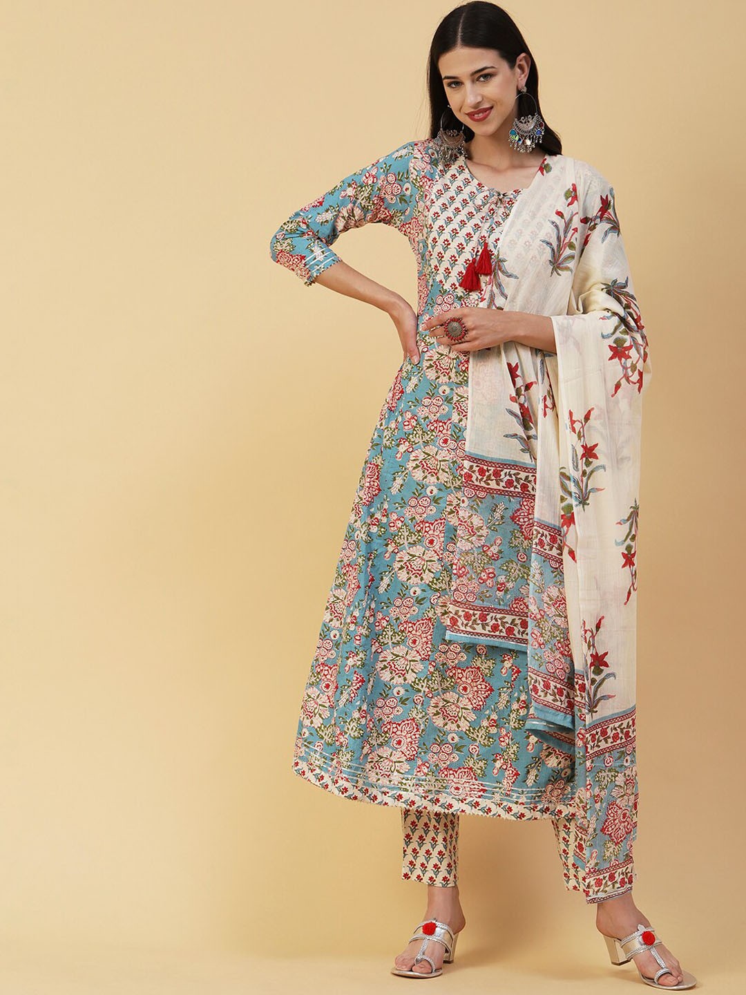 

FASHOR Floral Printed A-Line Pure Cotton Kurta With Trousers & Dupatta, Turquoise blue