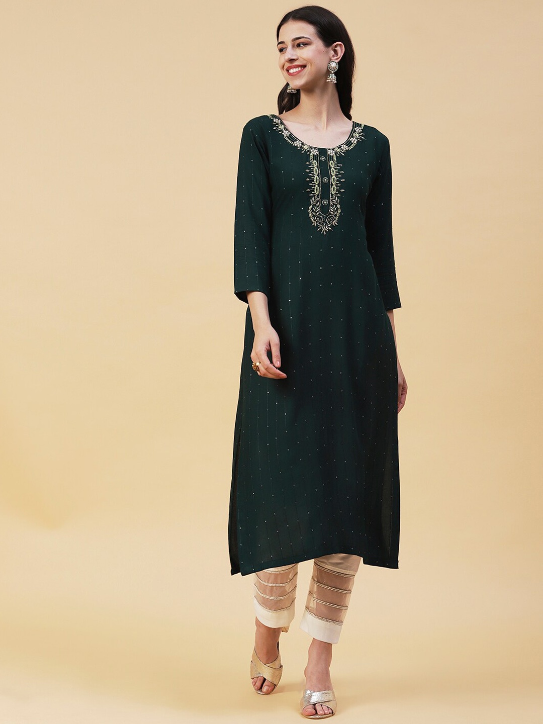 

FASHOR Green & Gold Striped Embroidered Beads & Stones Straight Kurta