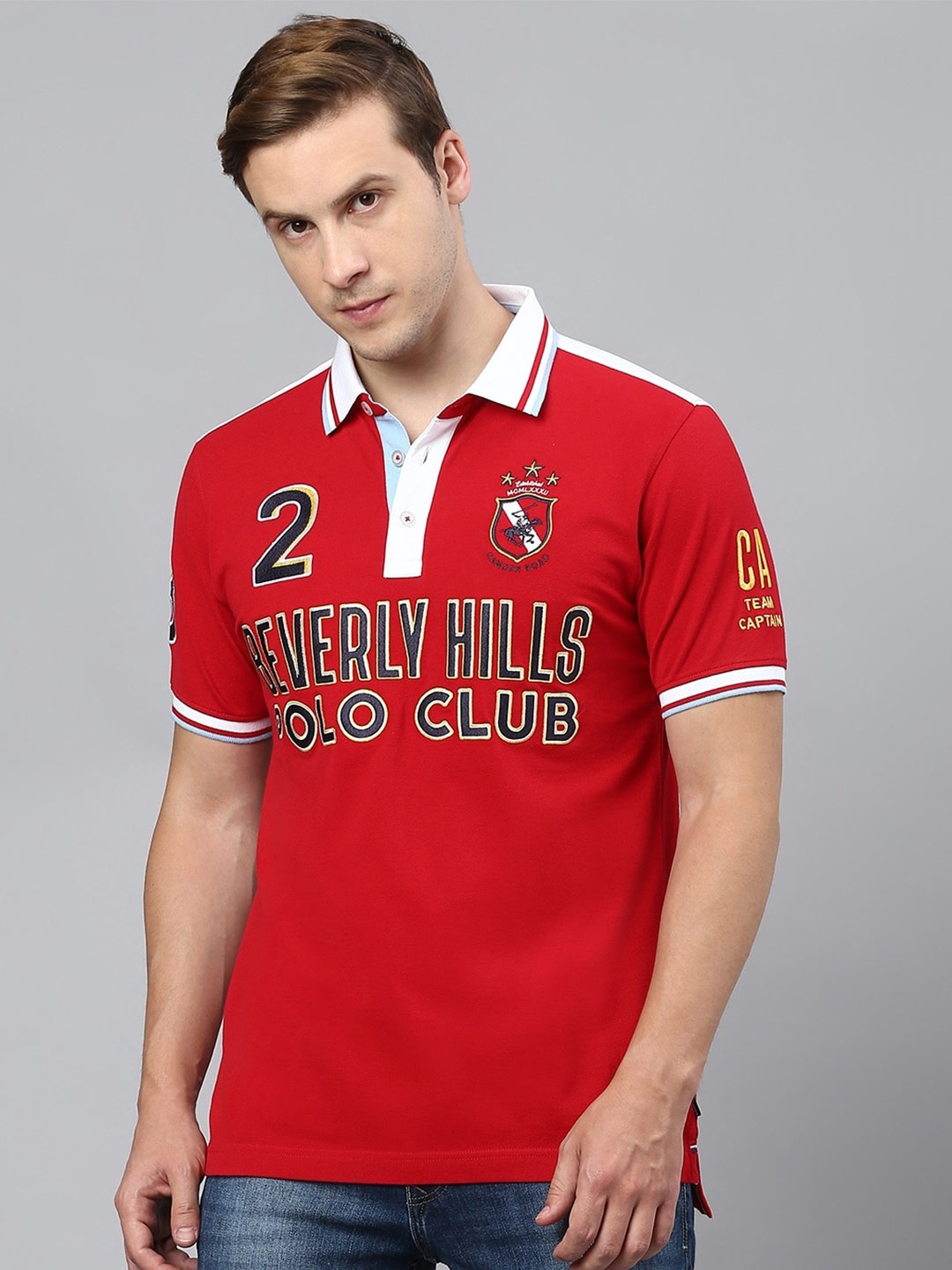 

Beverly Hills Polo Club Typography Printed Polo Collar Pure Cotton T-shirt, Red