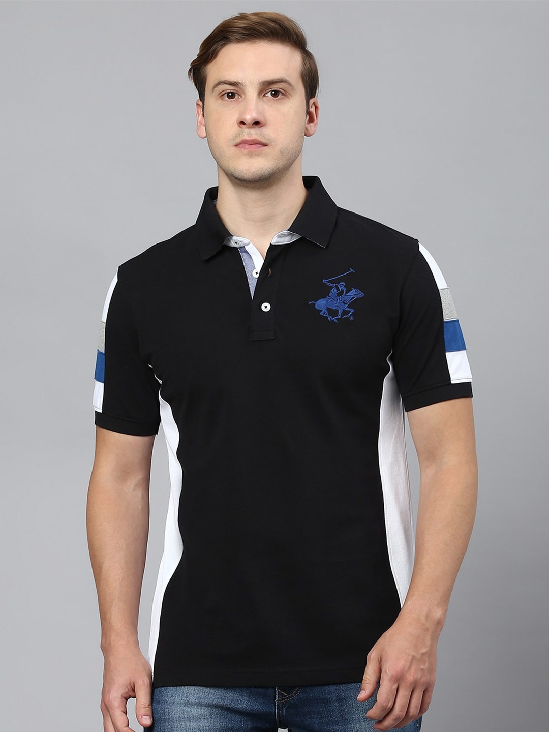 

Beverly Hills Polo Club Colourblocked Polo Collar Pure Cotton T-Shirt, Black