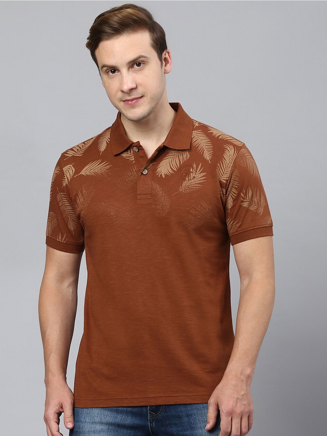

Beverly Hills Polo Club Tropical Printed Polo Collar Pure Cotton T-Shirt, Brown