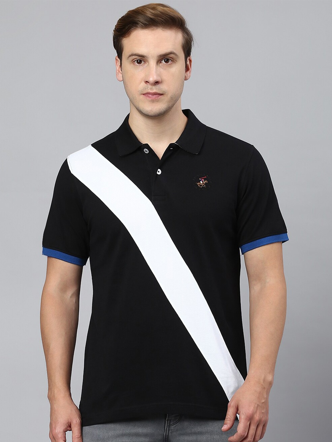 

Beverly Hills Polo Club Colourblocked Polo Collar Pure Cotton T-shirt, Black