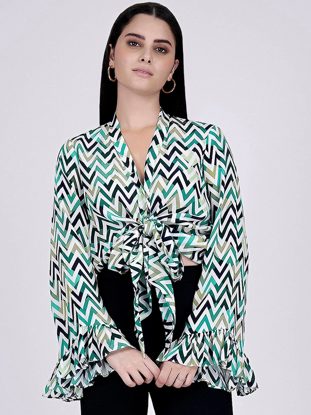 

First Resort by Ramola Bachchan Horizontal Striped Flared Sleeves Shirt Style Top, Green