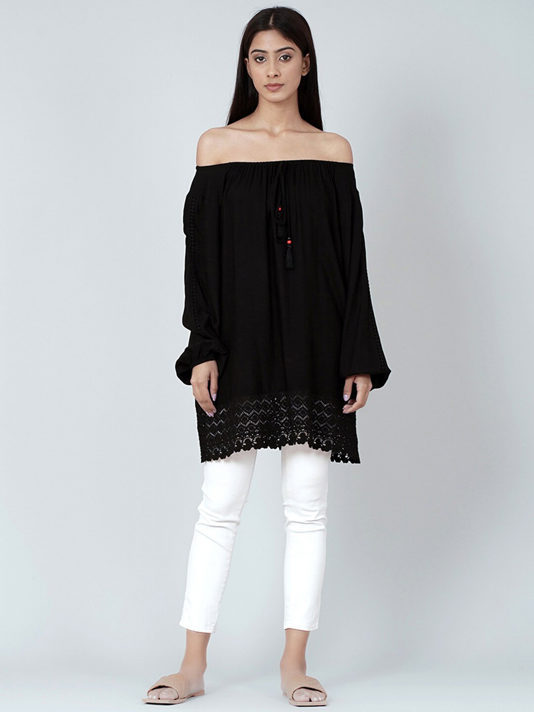 

First Resort by Ramola Bachchan Bishop Sleeves Longline Bardot Top, Black