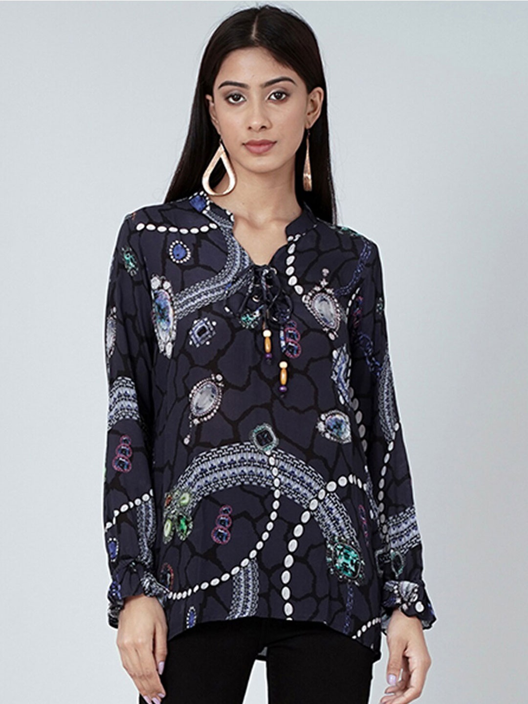 

First Resort by Ramola Bachchan Ethnic Motifs Printed Mandarin Collar Top, Blue