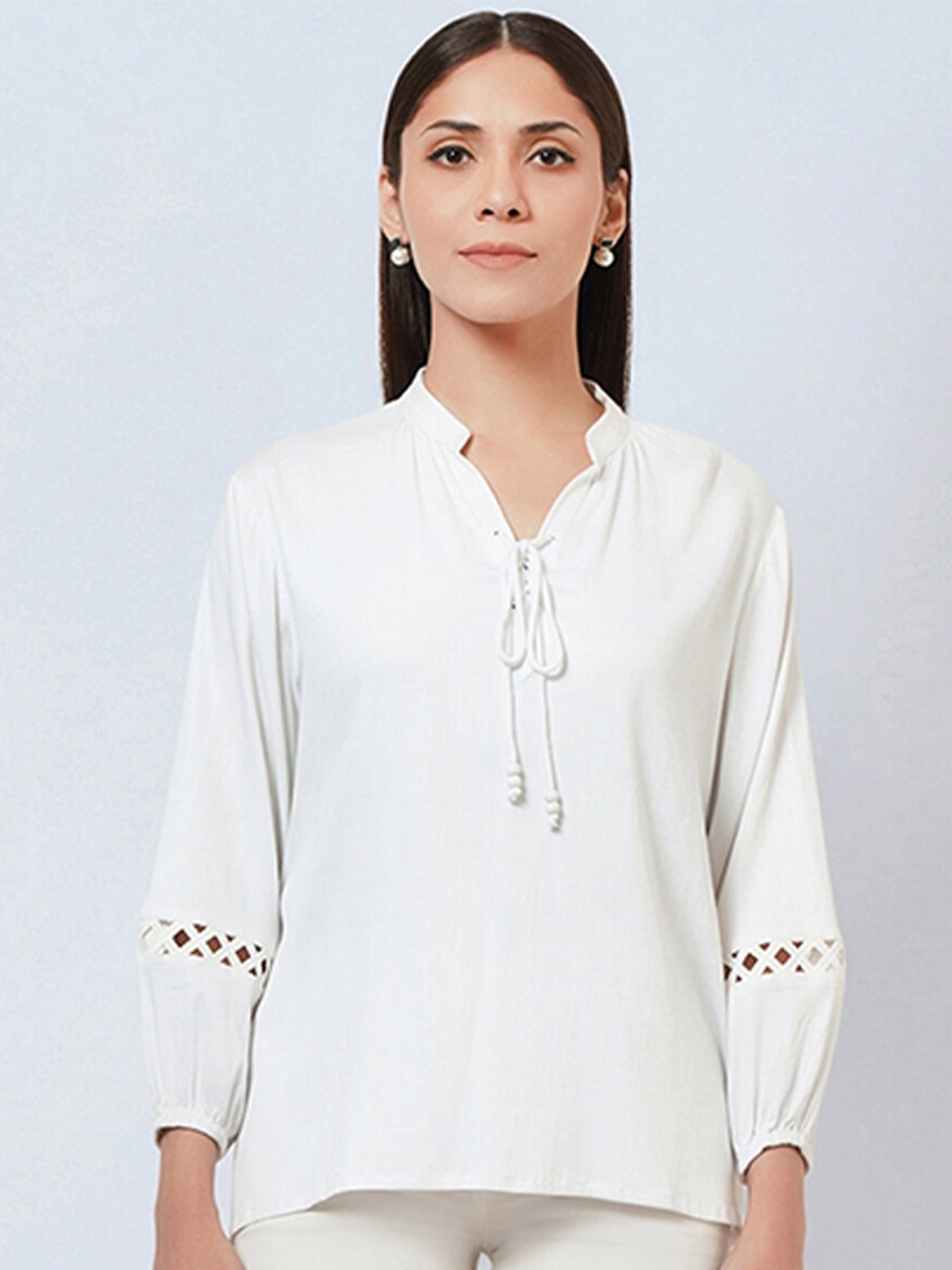 

First Resort by Ramola Bachchan Tie-Up Neck Puff Sleeves Top, White