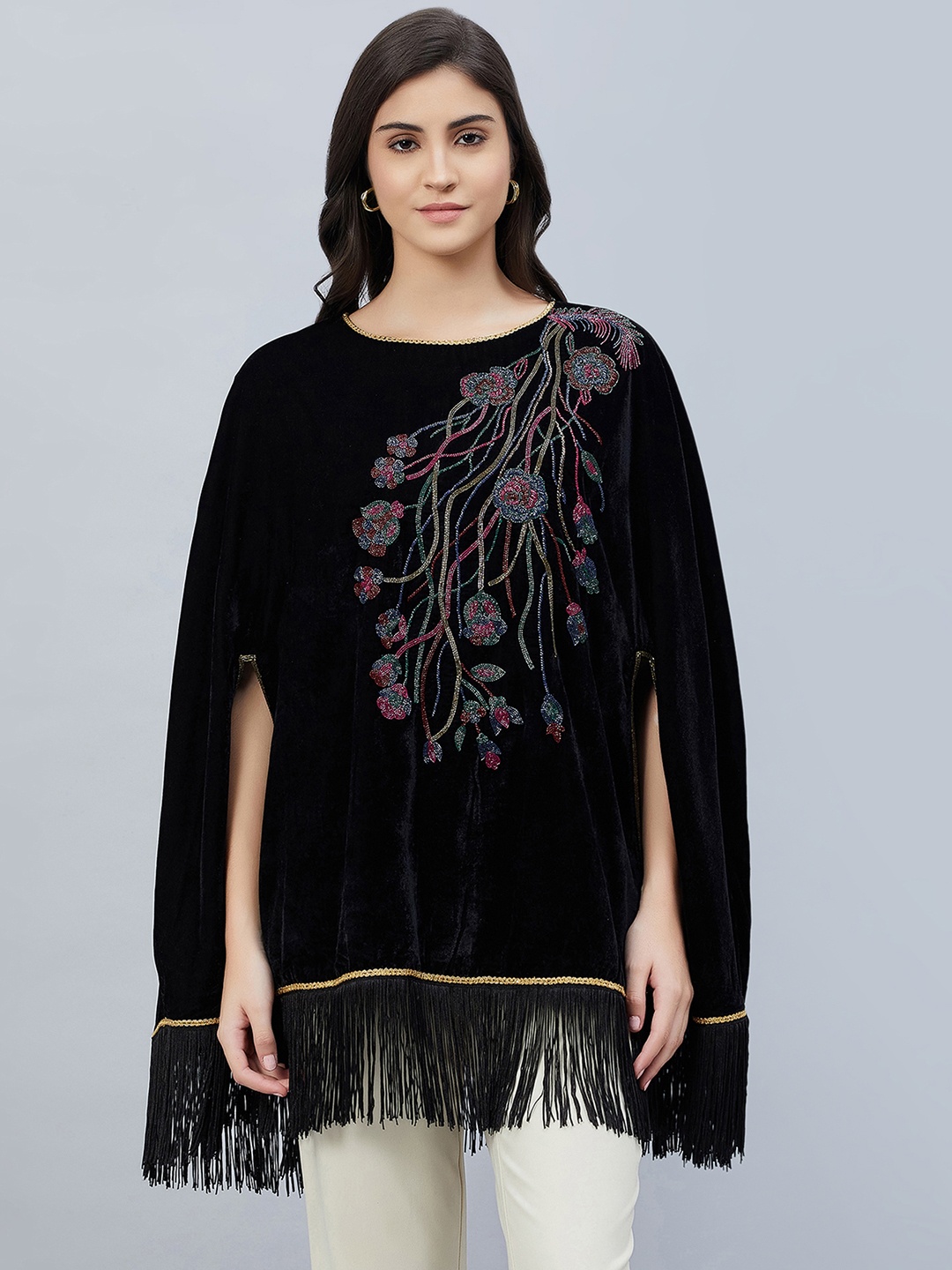 

First Resort by Ramola Bachchan Floral Embellished Cape Sleeve Velvet Tunic, Brown