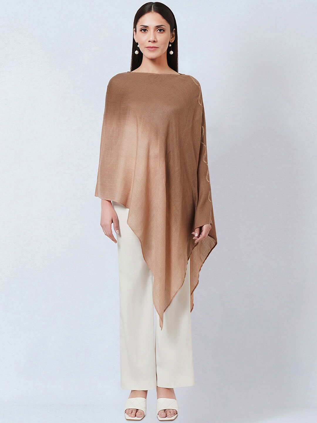 First Resort by Ramola Bachchan Ombre Asymmetrical Cashmere Poncho, Brown