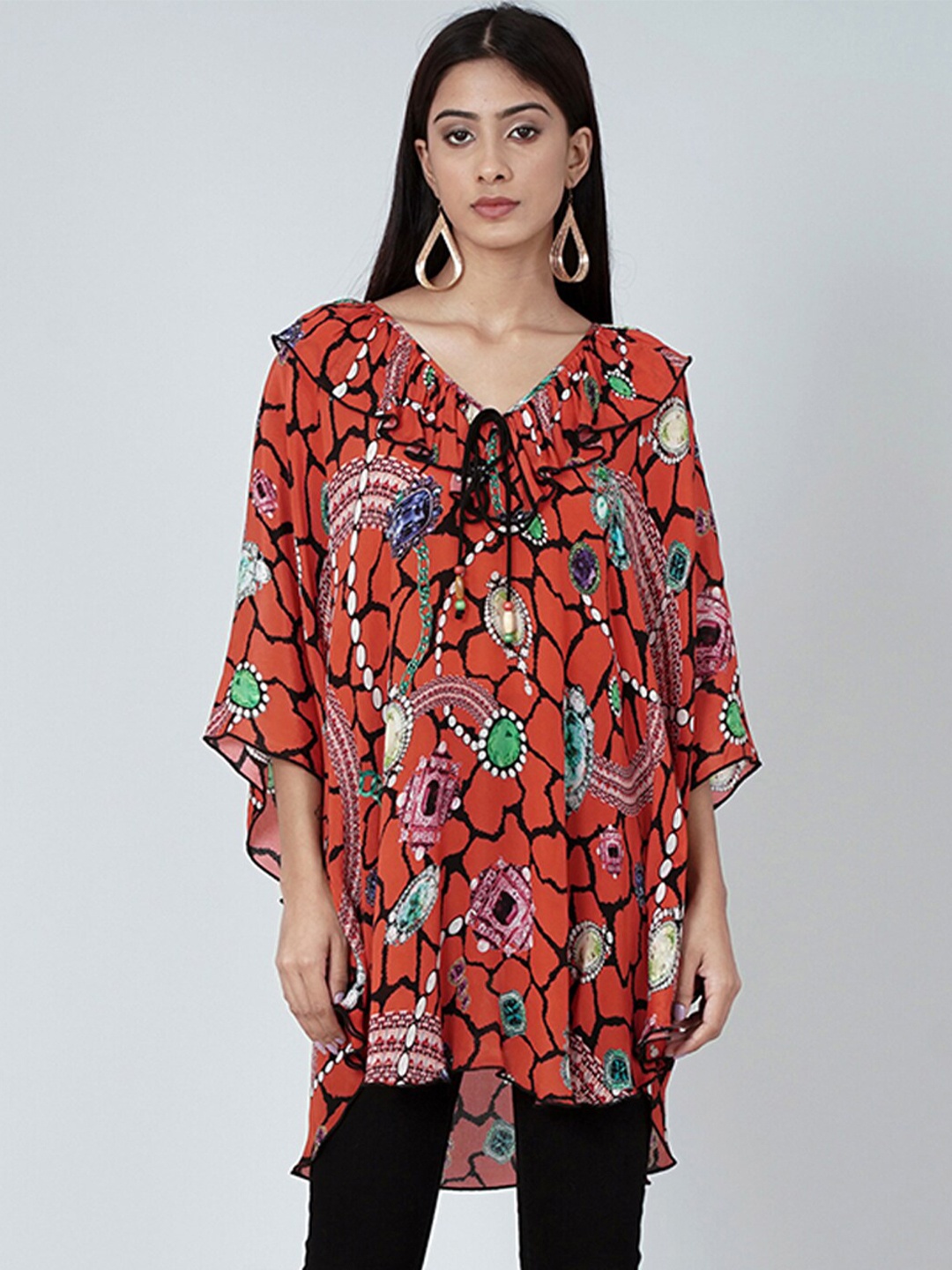 

First Resort by Ramola Bachchan Abstract Printed V-Neck Flared Sleeves Tunic, Orange