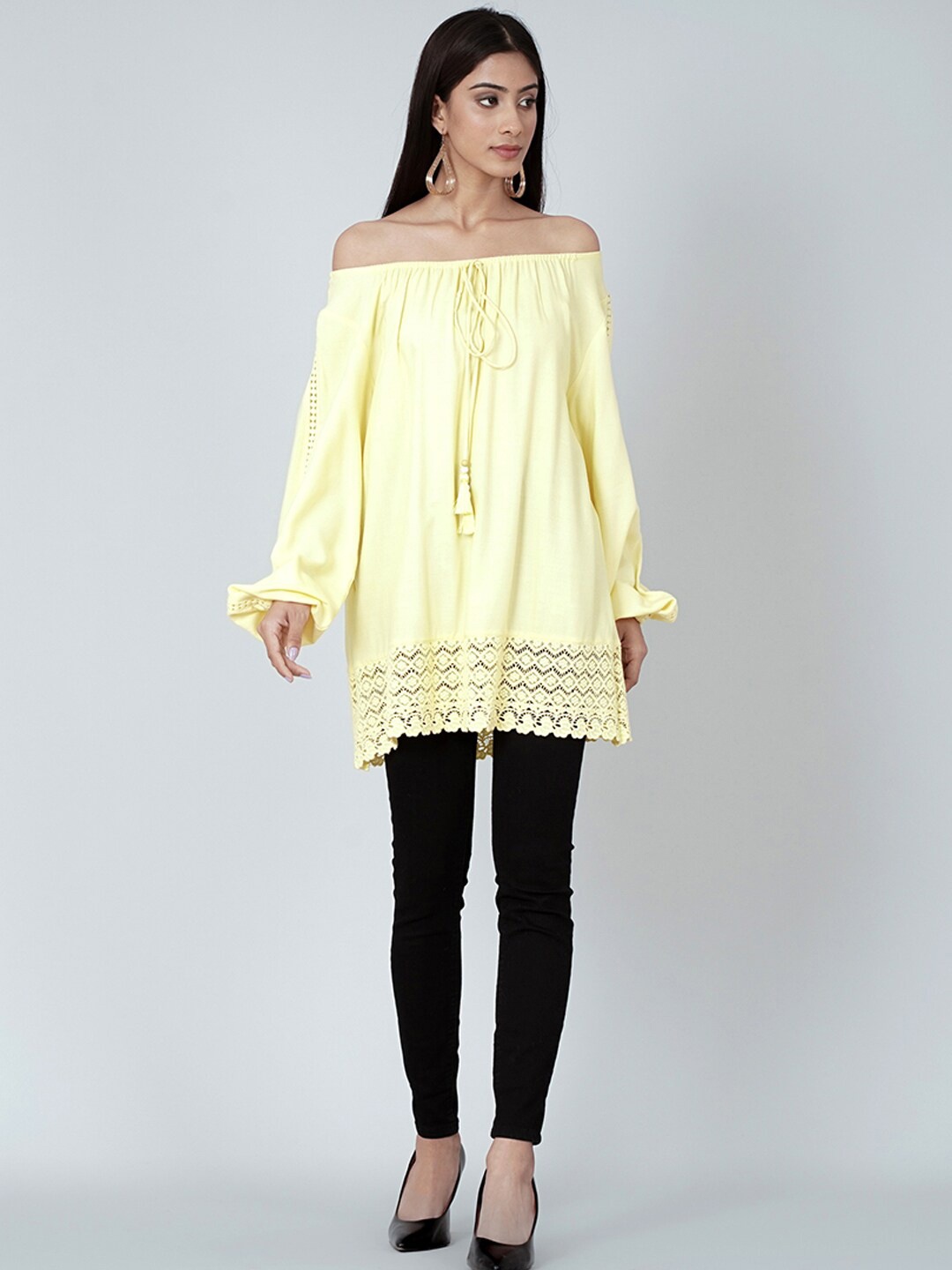 

First Resort by Ramola Bachchan Bishop Sleeves Longline Bardot Top, Yellow