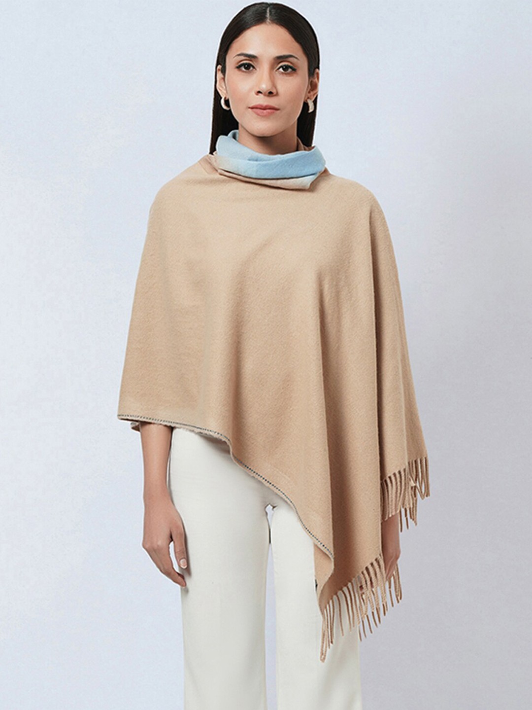 

First Resort by Ramola Bachchan Cowl Neck Longline Cashmere Poncho, Beige
