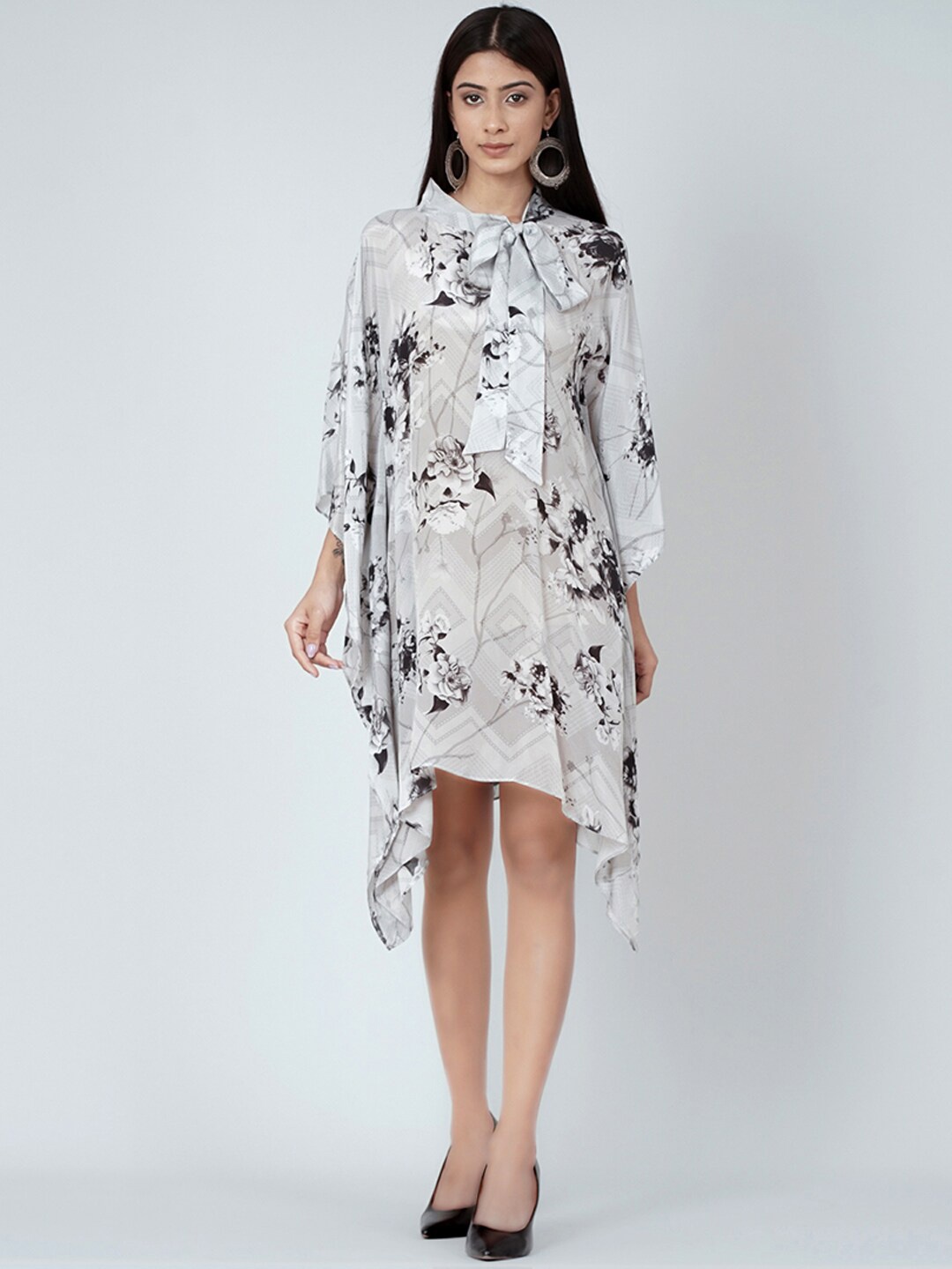

First Resort by Ramola Bachchan Floral Print Tie-Up Neck Kaftan Dress, Grey