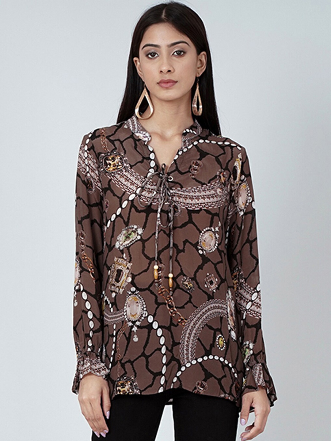 

First Resort by Ramola Bachchan Abstract Print Mandarin Collar Top, Brown