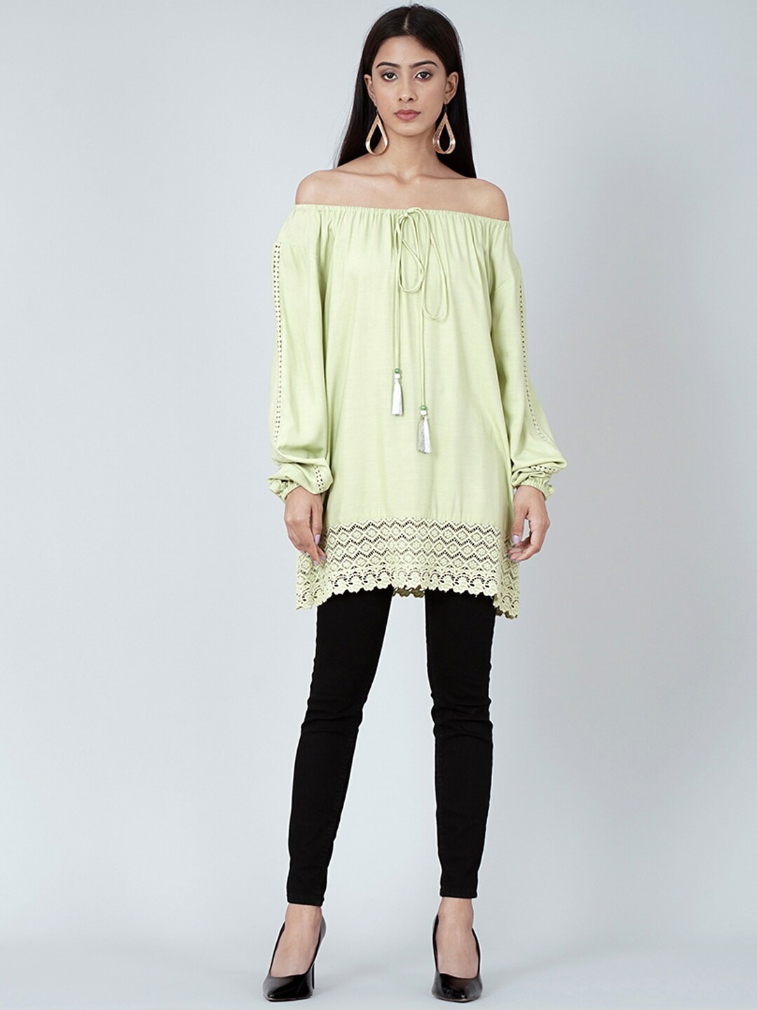 

First Resort by Ramola Bachchan Bishop Sleeves Longline Bardot Top, Green