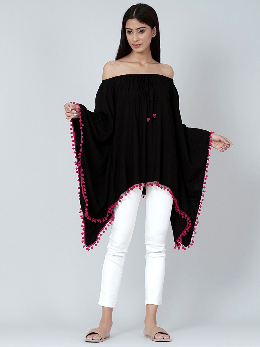 

First Resort by Ramola Bachchan Off-Shoulder Batwing Sleeve Kaftan Longline Top, Black