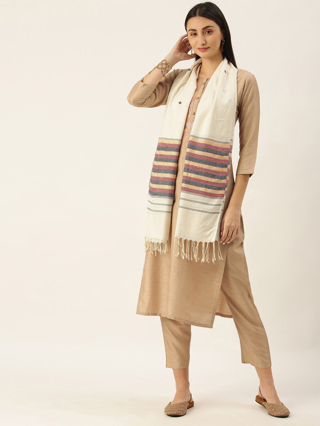 

ArtEastri Women Woven Design Stole, Cream