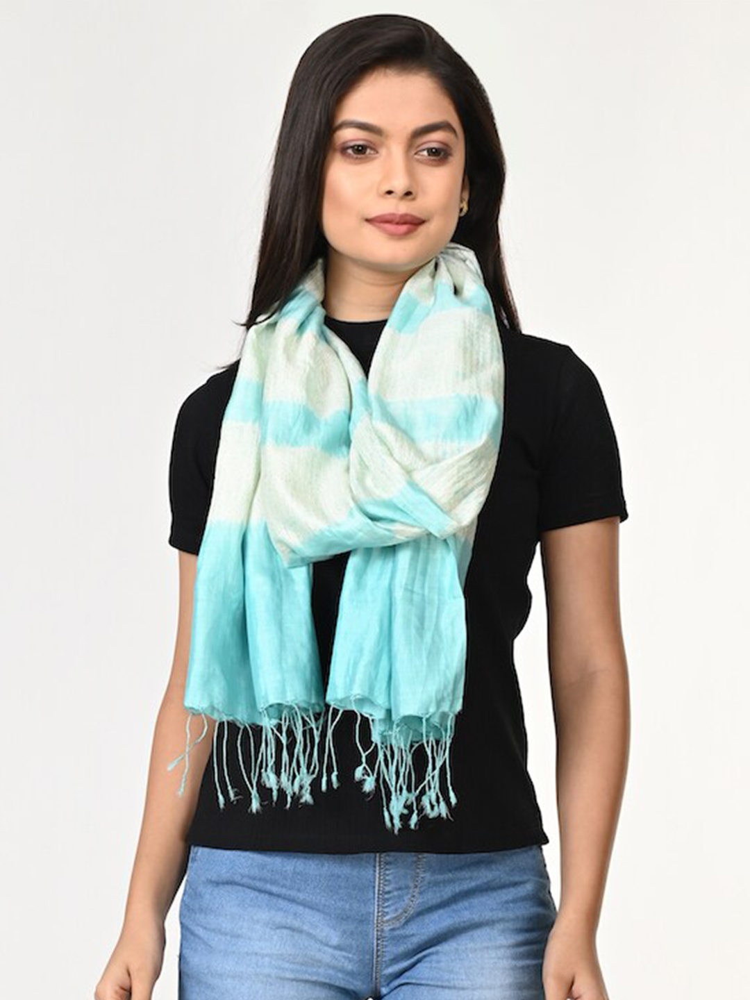 

ArtEastri Woven Design Shibori Silk Stole, Turquoise blue