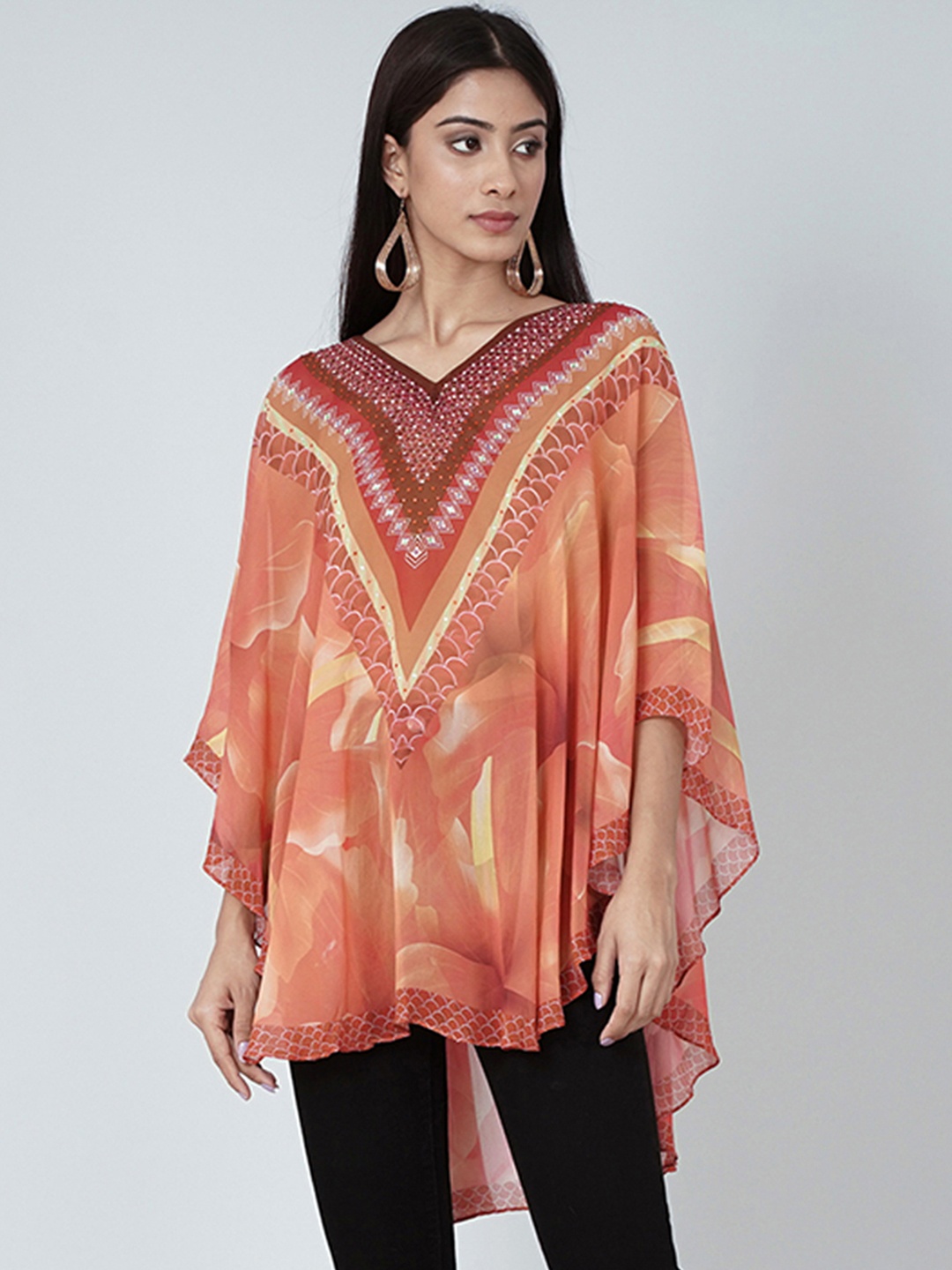 

First Resort by Ramola Bachchan Printed Embellished Kaftan Tunic, Orange