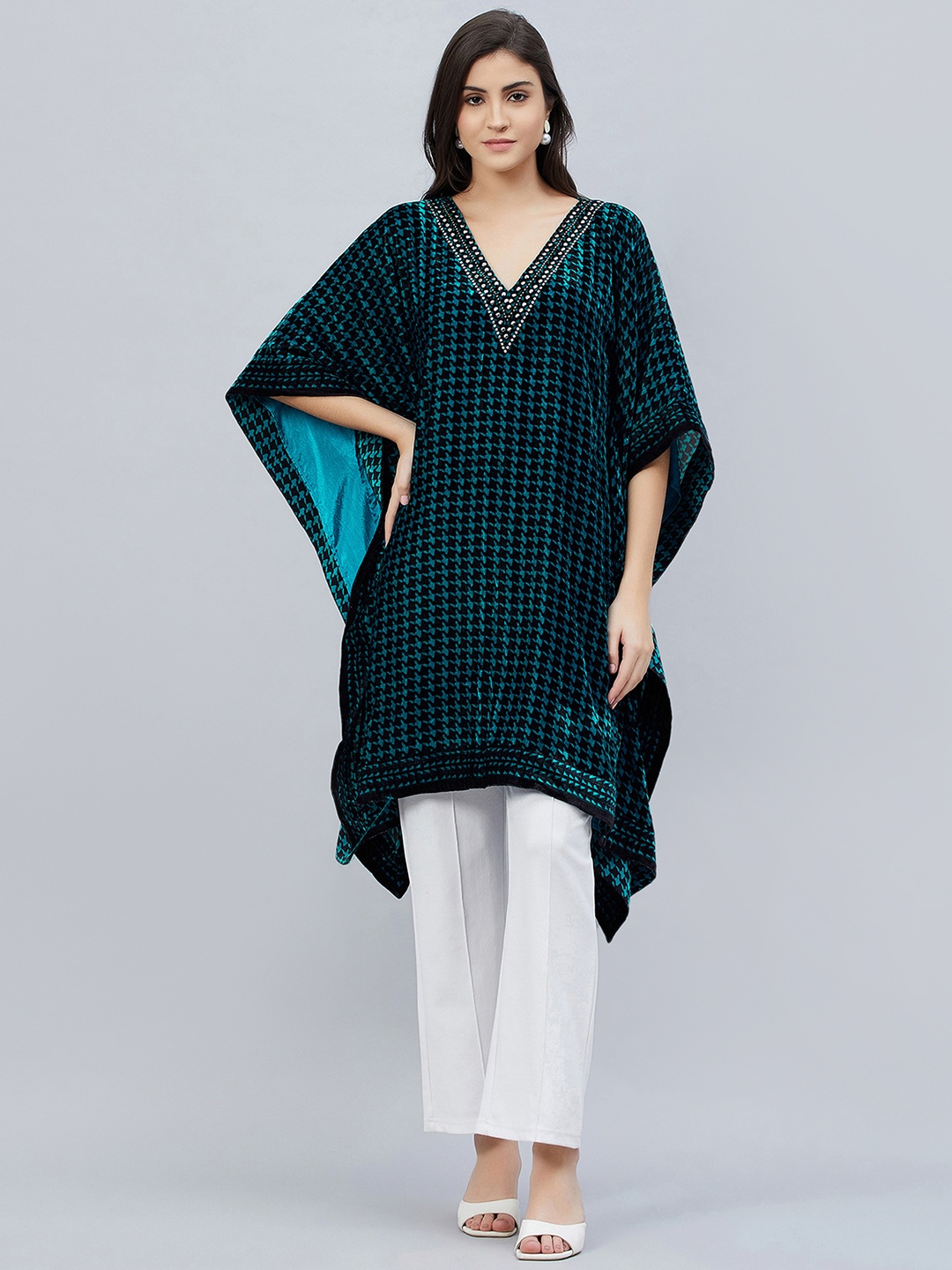 

First Resort by Ramola Bachchan Kimono Sleeve Silk Velvet Kaftan Dress, Teal