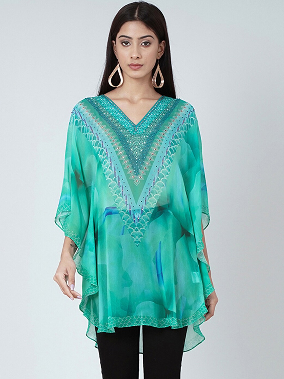 

First Resort by Ramola Bachchan Printed Embellished Kaftan Tunic, Turquoise blue