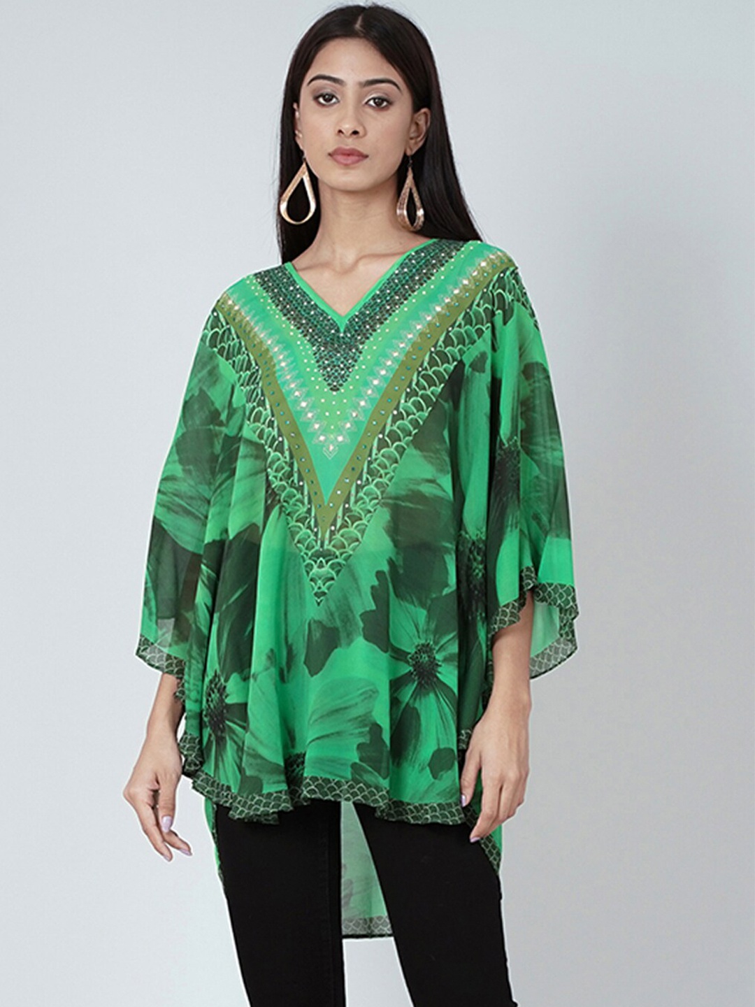 

First Resort by Ramola Bachchan Printed Embellished Kaftan Tunic, Green