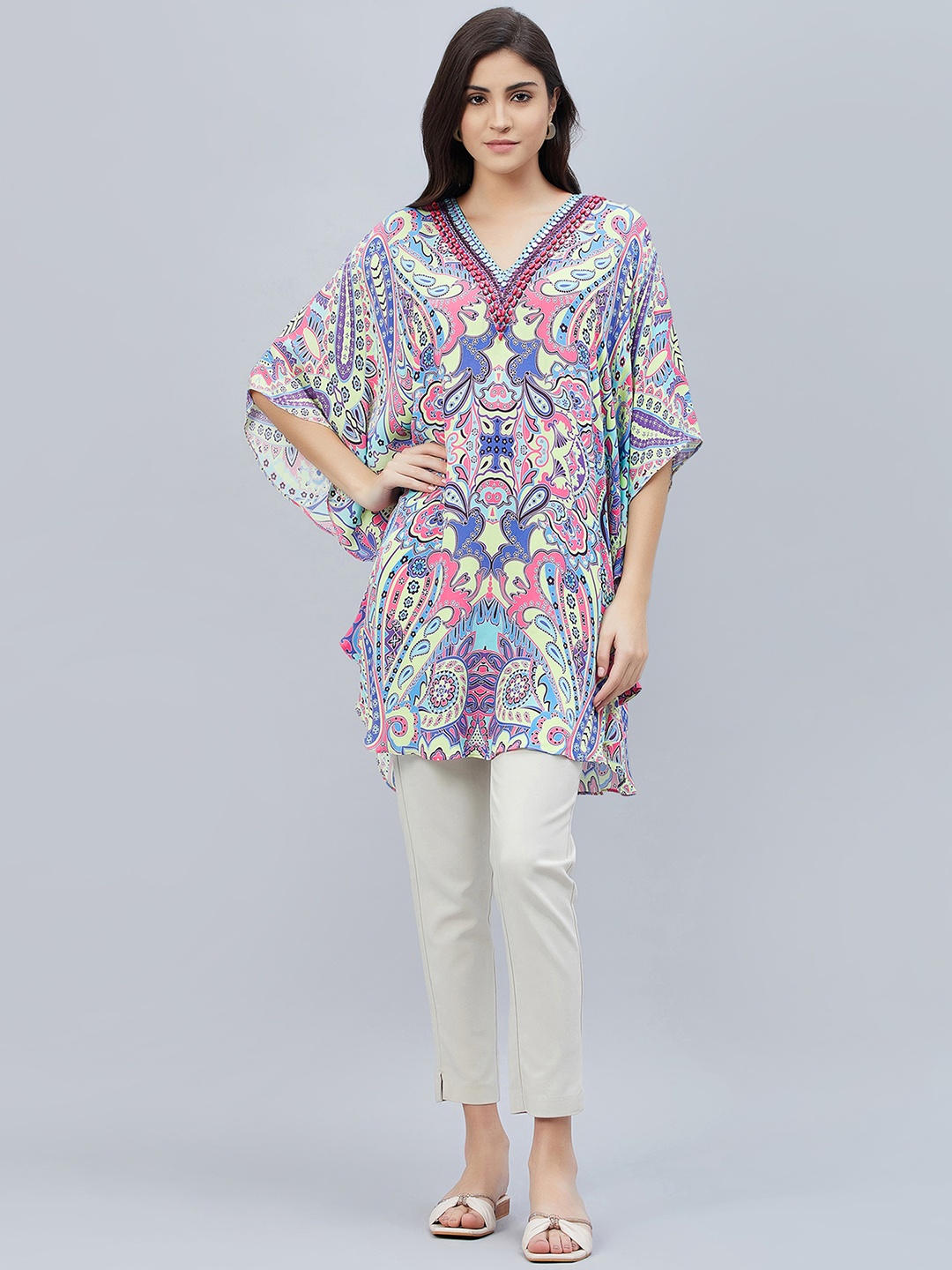 

First Resort by Ramola Bachchan Printed Embellished V-Neck Crepe Tunic, Mauve