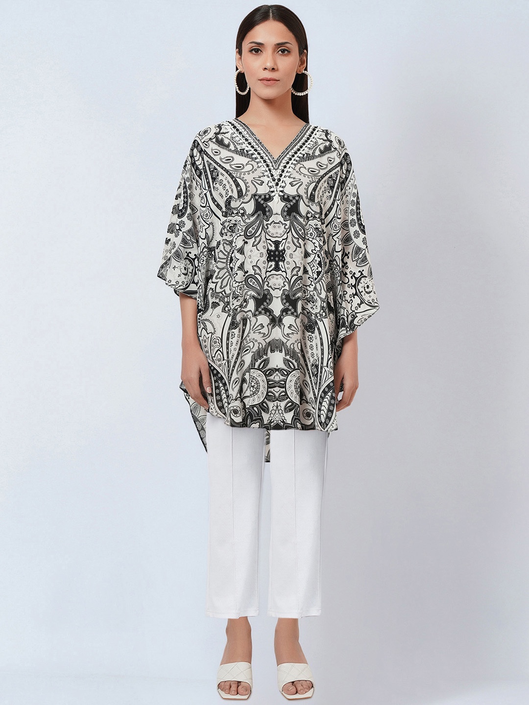 First Resort by Ramola Bachchan Printed V-Neck Crepe Tunic, Black