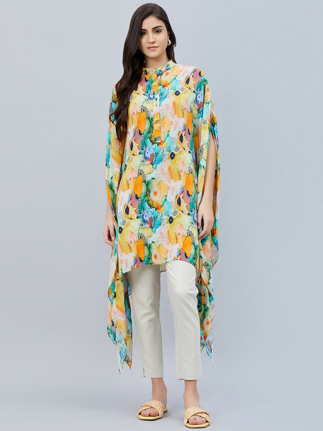 First Resort by Ramola Bachchan Printed V-Neck Crepe Tunic, Yellow