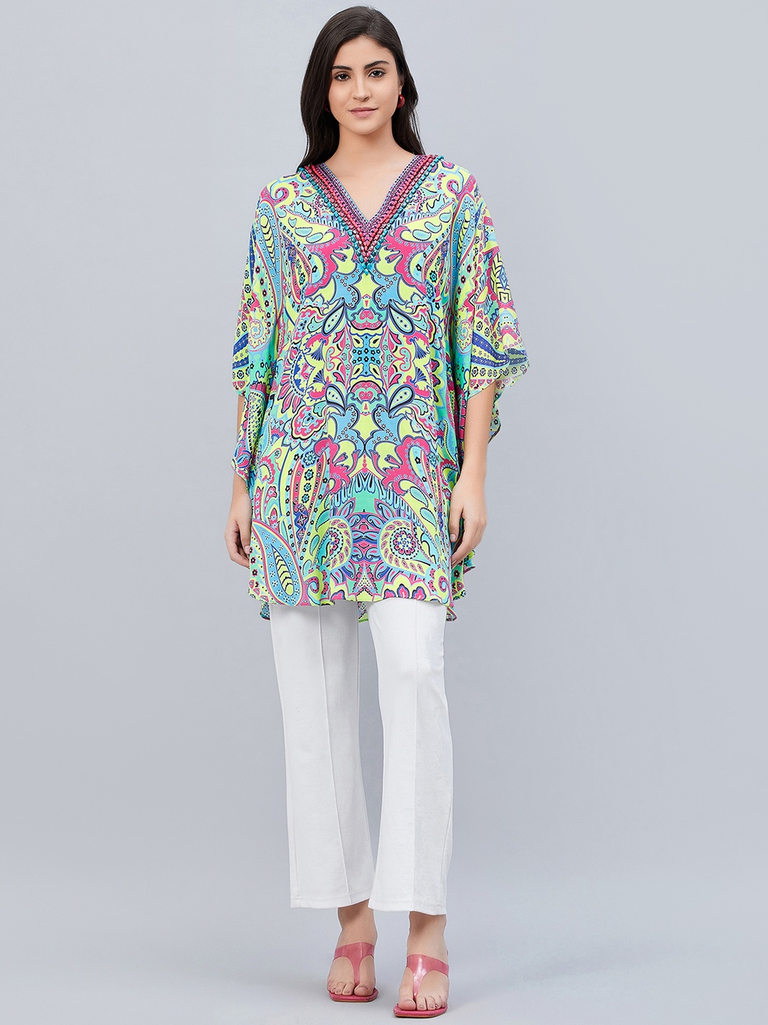 First Resort by Ramola Bachchan Printed V-Neck Crepe Tunic, Green