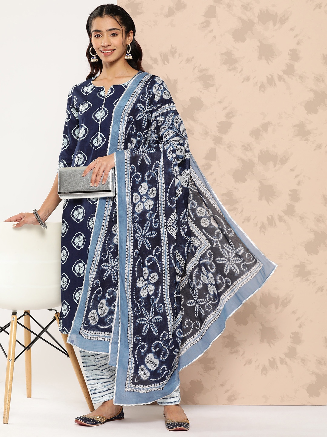 

Libas Ethnic Motifs Printed Regular Pure Cotton Kurta with Salwar & Dupatta, Navy blue