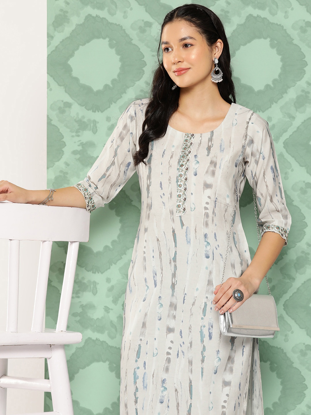 

Libas Abstract Printed Sequinned Kurta With Lace Detail, Grey