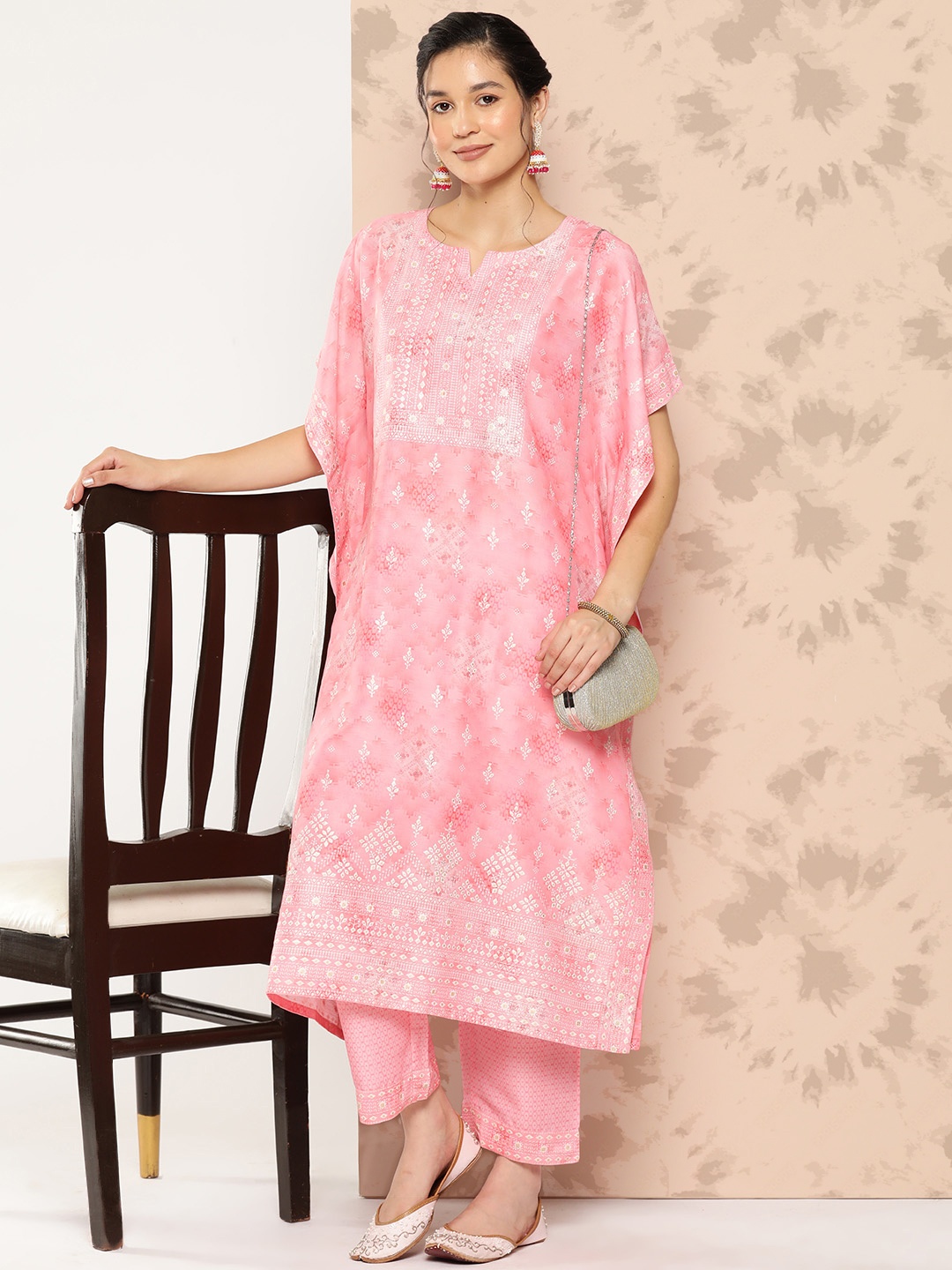 

Libas Women Pink Ethnic Motifs Printed Kaftan Kurta With Trousers