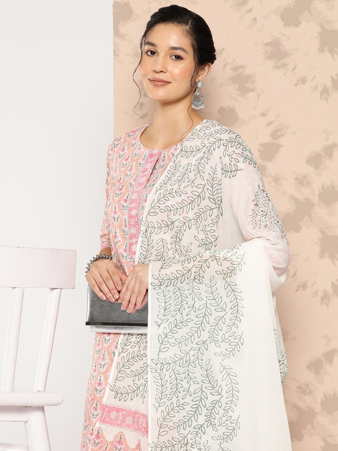 

Libas Floral Printed Gotta Patti Pure Cotton Kurta With Trousers & Dupatta, Peach