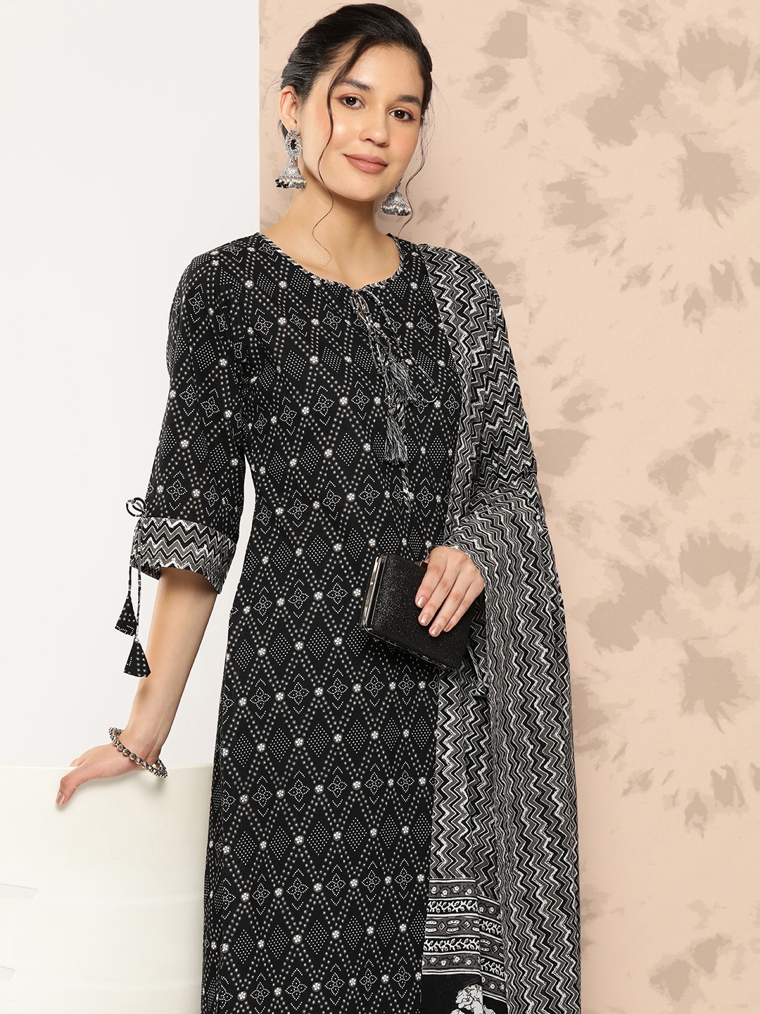 

Libas Bandhani Printed Regular Pure Cotton Kurta with Trousers & With Dupatta, Black