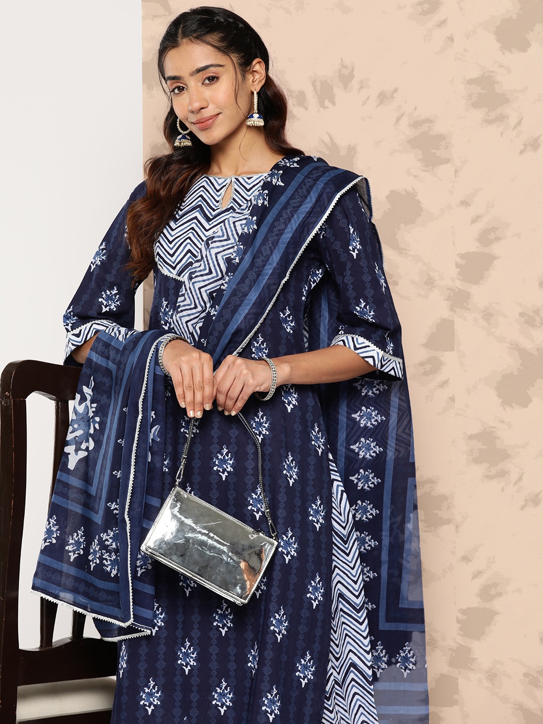 

Libas Yoke Design Gotta Patti Pure Cotton Kurta With Salwar & Dupatta, Navy blue