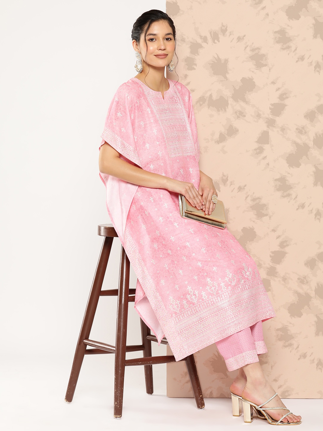 

Libas Ethnic Motifs Printed Kaftan Kurta With Trousers, Pink