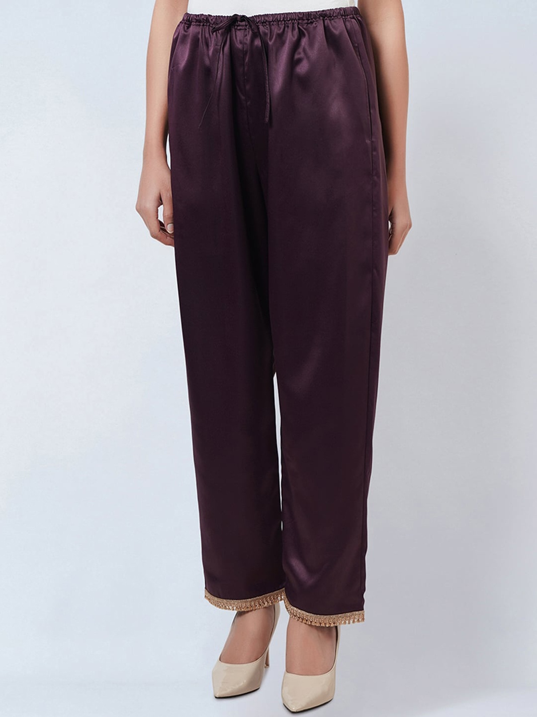 

First Resort by Ramola Bachchan Women Smart Fit Straight Satin Trousers With Laced Hem, Purple