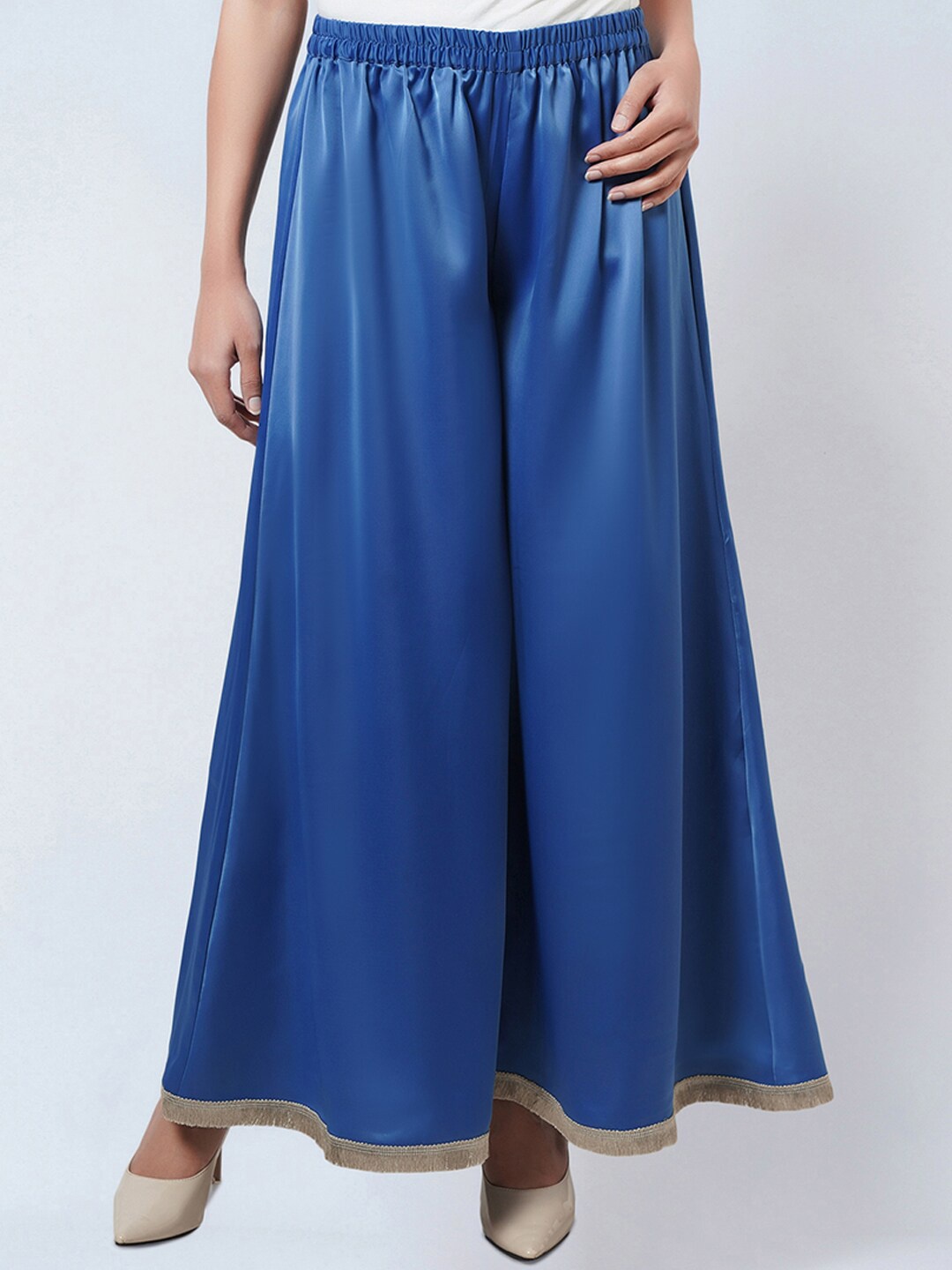 

First Resort by Ramola Bachchan Women Relaxed Fit Wide Leg Palazzos With Laced Hem, Blue